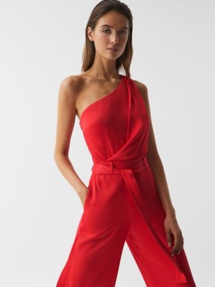 REISS ELIZA OFF-THE-SHOULDER JUMPSUIT RED – one shoulder tie waist jumpsuits – women’s luxury occasion clothes – womens party fashion – glamorous evening all-in-one clothing - flipped