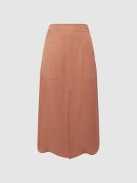 REISS AXELLE LINEN HIGH RISE SKIRT RUST ~ orange-brown front slit midi skirts ~ women’s warm weather clothing ~ womens smart summer clothes