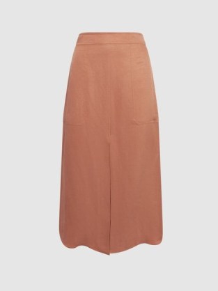 REISS AXELLE LINEN HIGH RISE SKIRT RUST ~ orange-brown front slit midi skirts ~ women’s warm weather clothing ~ womens smart summer clothes - flipped