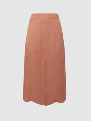 REISS AXELLE LINEN HIGH RISE SKIRT RUST ~ orange-brown front slit midi skirts ~ women’s warm weather clothing ~ womens smart summer clothes
