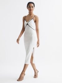 Reiss LEONA STRAPPY COTTON-LINEN MIDI DRESS WHITE | high side slit occasion dresses | skinny shoulder strap evening fashion | women’s cut out clothes