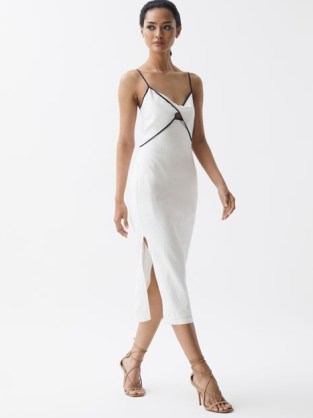 Reiss LEONA STRAPPY COTTON-LINEN MIDI DRESS WHITE | high side slit occasion dresses | skinny shoulder strap evening fashion | women’s cut out clothes - flipped