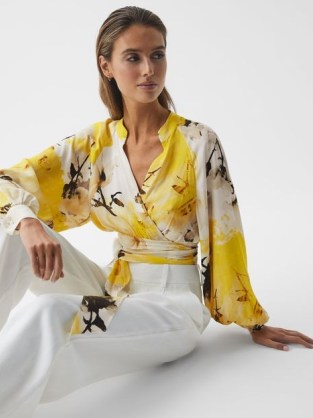 REISS ODETTE FLORAL PRINT CROPPED BLOUSE YELLOW ~ chic balloon sleeve wrap blouses ~ wraparound tie waist ~ feminine summer clothes - flipped