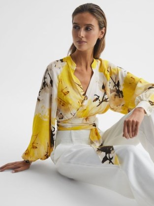 REISS ODETTE FLORAL PRINT CROPPED BLOUSE YELLOW ~ chic balloon sleeve wrap blouses ~ wraparound tie waist ~ feminine summer clothes