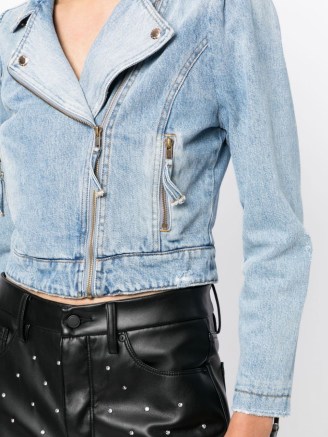 Retrofete Lo cropped denim jacket in blue | women’s biker style crop hem jackets | zip and stud details
