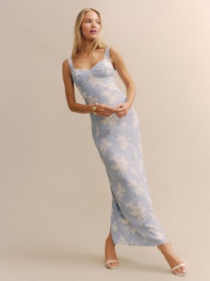 Reformation Reverie Dress in Bijou ~ blue floral sleeveless maxi dresses ~ sweetheart neckline occasion clothes ~ fitted evening fashion ~ women’s luxury party clothing