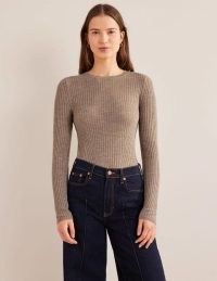 Boden Ribbed Merino Jumper in Dark Mink Melange | women’s fitted long sleeve jumpers | essential stylish knits