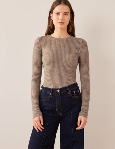Boden Ribbed Merino Jumper in Dark Mink Melange | women’s fitted long sleeve jumpers | essential stylish knits - flipped