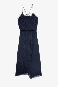 Zadig & Voltaire Rixi Silk Dress in Encre / strappy navy blue dresses / leopard effect jacquard fashion / women’s luxury clothes / asymmetric hemline / lace trim