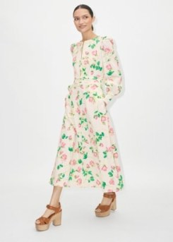 ME and EM Rose Print Structured Midi Dress IN Light Cream/Bright Rose/Green / women’s floral occasion dresses / feminine summer event clothing - flipped