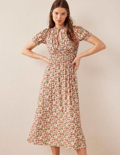 Boden Ruched Jersey Midi Tea Dress Multi, Painterly Floret / women’s floral short puff sleeve dresses / ruched bodice / front keyhole detail / womens feminine clothes - flipped