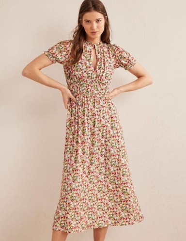 Boden Ruched Jersey Midi Tea Dress Multi, Painterly Floret / women’s floral short puff sleeve dresses / ruched bodice / front keyhole detail / womens feminine clothes