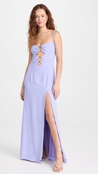 Rumer Flocked Maxi Dress in Lilac | strappy thigh high slit hem maxi dresses | women’s cut out evening clothes | skinny shoulder strap occasion fashion