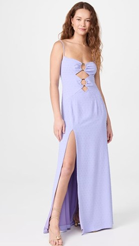 Rumer Flocked Maxi Dress in Lilac | strappy thigh high slit hem maxi dresses | women’s cut out evening clothes | skinny shoulder strap occasion fashion - flipped