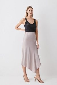 KAREN MILLEN Satin Asymmetric Slip Midi Skirt in Stone ~ women’s silky dip hem skirts ~ womens luxe style clothing