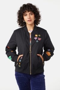 gorman Scrapbook Bomber Jacket in Black | organic cotton fashion | women’s floral embroidered front zip jackets