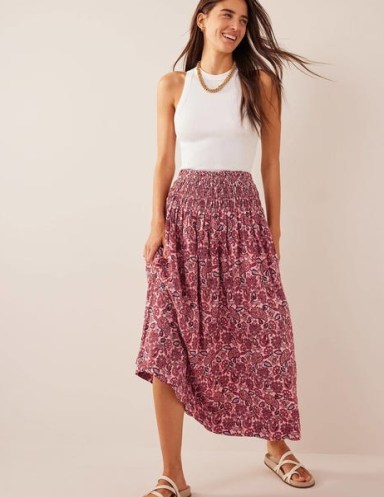 Boden Shirred Waist Linen Midi Skirt Chalky Pink, Paisley Terrace / women’s floral skirts - flipped