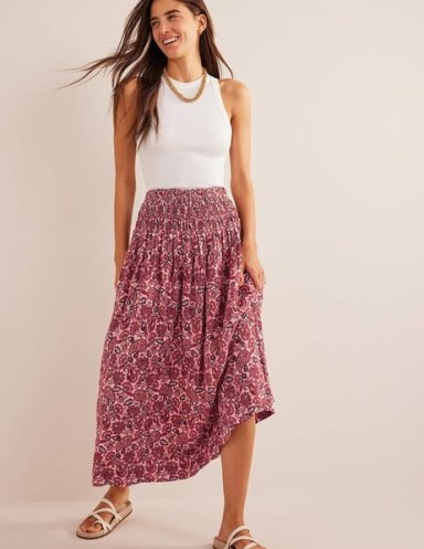 Boden Shirred Waist Linen Midi Skirt Chalky Pink, Paisley Terrace / women’s floral skirts