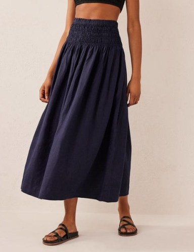 Boden Shirred Waist Linen Midi Skirt Navy / women’s dark blue skirts - flipped