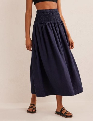 Boden Shirred Waist Linen Midi Skirt Navy / women’s dark blue skirts