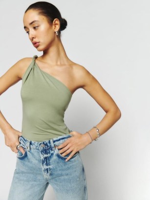 Reformation Sianna Knit Top in Artichoke – women’s green slim fitting one shoulder tops – twist detail strap – casual fashion – asymmetric neckline clothes