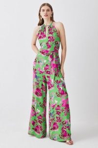 KAREN MILLEN Silhouette Floral Halterneck Jumpsuit / green halter neck jumpsuits / womens feminine all-in-one occasion clothes
