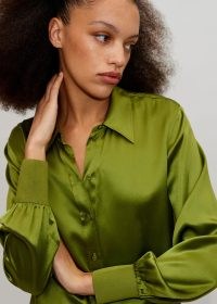 ME and EM Silk Satin Shirt in Sicilian Olive / women’s silky green curved hem shirts / womens luxury clothes / fluid fabric fashion