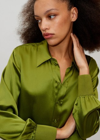 ME and EM Silk Satin Shirt in Sicilian Olive / women’s silky green curved hem shirts / womens luxury clothes / fluid fabric fashion - flipped
