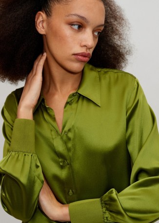 ME and EM Silk Satin Shirt in Sicilian Olive / women’s silky green curved hem shirts / womens luxury clothes / fluid fabric fashion