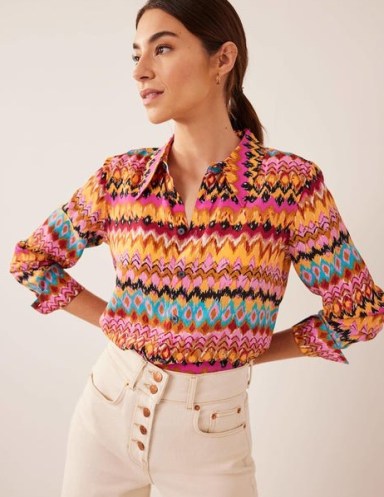 Boden Silk Shirt Multi, Textured Ikat / women’s silky multicolored shirts - flipped