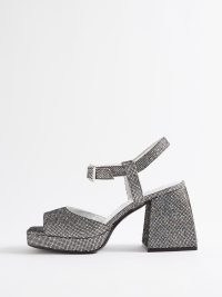 NODALETO Bulla Ness glittered platform sandals in silver – women’s luxury block heel shoes – glittering platforms – womens luxe party footwear – disco inspired fashion