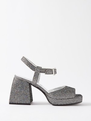 NODALETO Bulla Ness glittered platform sandals in silver – women’s luxury block heel shoes – glittering platforms – womens luxe party footwear – disco inspired fashion - flipped