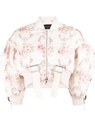 Simone Rocha floral-print cropped bomber jacket | women’s cropped padded puff sleeve jackets | womens luxury fashion | luxe crop hem outerwear | designer clothing - flipped