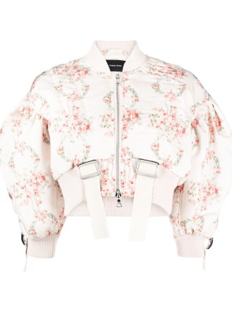 Simone Rocha floral-print cropped bomber jacket | women’s cropped padded puff sleeve jackets | womens luxury fashion | luxe crop hem outerwear | designer clothing