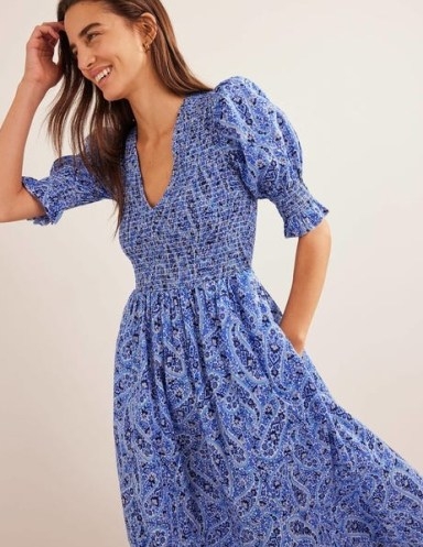 Boden Smocked Bodice Midi Dress in Nebulas Blue, Paisley Blooms | women’s floral cotton puff sleeve dresses - flipped