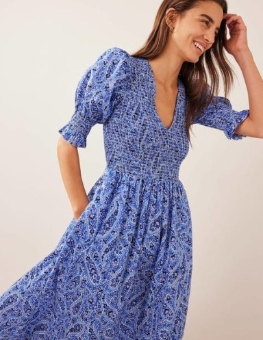 Boden Smocked Bodice Midi Dress in Nebulas Blue, Paisley Blooms | women’s floral cotton puff sleeve dresses