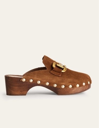 Boden Snaffle Trim Heeled Clogs in Golden Brown Suede | women’s 70s retro style shoes | womens vintage look clog | studded wood heel mules - flipped
