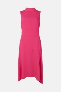 KAREN MILLEN Soft Tailored High Low Midi Dress in Pink ~ sleeveless high neck aymmetric hemline dresses