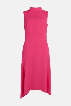 KAREN MILLEN Soft Tailored High Low Midi Dress in Pink ~ sleeveless high neck aymmetric hemline dresses - flipped