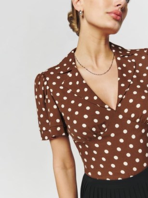 Reformation Solange Top in Au Lait ~ brown spot print vintage style tops ~ retro look polka dot clothing