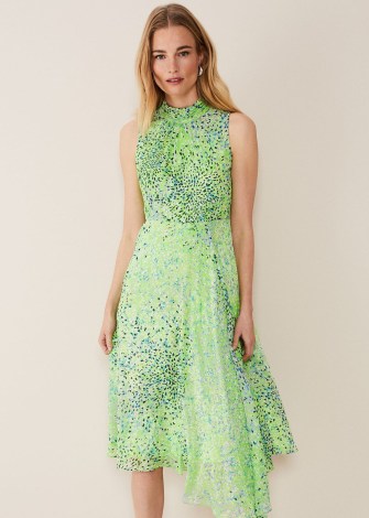 Phase Eight Sophie Ditsy Midi Dress Lime/Multi / green sleeveless occasion dresses with asymmetric hemline / asymmetrical event fashion / womens feminine party clothes / womens floaty floral print clothing / high halterneck - flipped