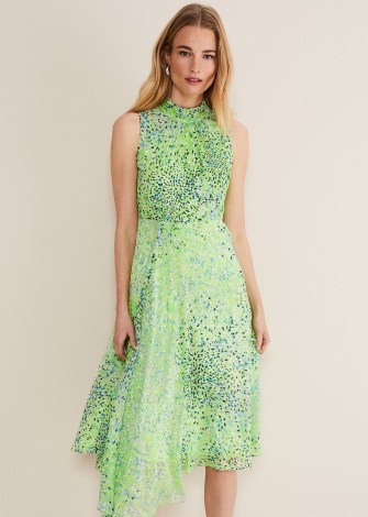 Phase Eight Sophie Ditsy Midi Dress Lime/Multi / green sleeveless occasion dresses with asymmetric hemline / asymmetrical event fashion / womens feminine party clothes / womens floaty floral print clothing / high halterneck