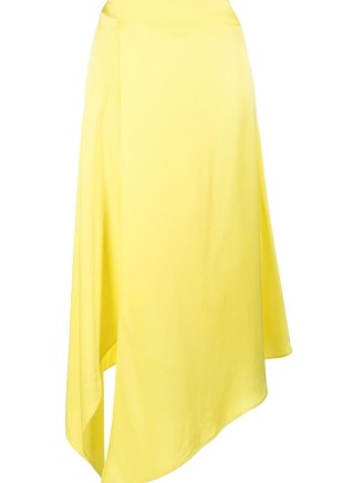 Women’s yellow satin midi skirts with asymmetric hemline - flipped
