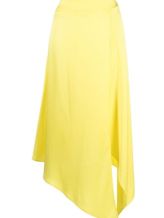 Women’s yellow satin midi skirts with asymmetric hemline