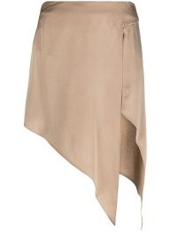 Taupe satin-finish asymmetric hem skirt ~ women’s silky asymmetrical hemline skirts