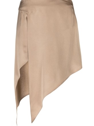 Taupe satin-finish asymmetric hem skirt ~ women’s silky asymmetrical hemline skirts - flipped