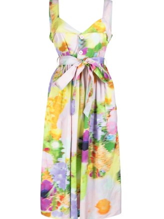 Stine Goya Stina floral-print midi dress in multicolour – women’s sleeveless floral print organic cotton dresses – womens summer dresses – belted tie waist - flipped