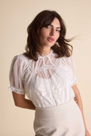 St. Roche LEITH TOP in MILKY – semi sheer embroidered cotton tulle tops – romantic ruffle trim clothing – romance inspired fashion – feminine net overlay blouses - flipped