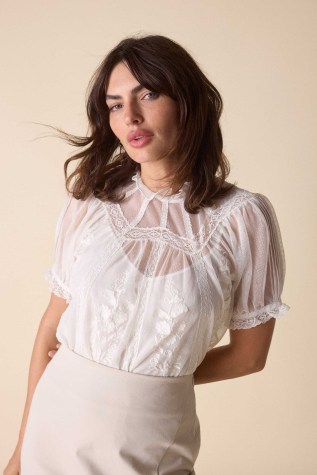 St. Roche LEITH TOP in MILKY – semi sheer embroidered cotton tulle tops – romantic ruffle trim clothing – romance inspired fashion – feminine net overlay blouses