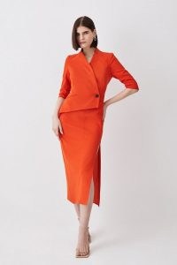 KAREN MILLEN Structured Crepe Split Side Midi Dress in Orange / asymmetric dresses / thigh high slit hem